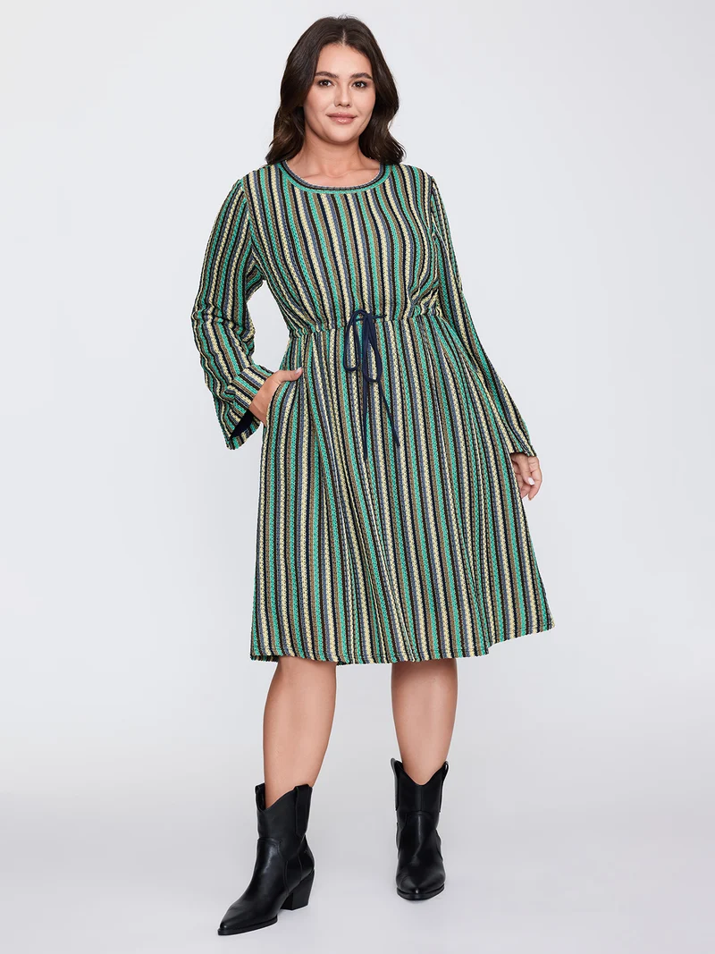 Multi-Color Stripe Drawstring Waist Midi Dress