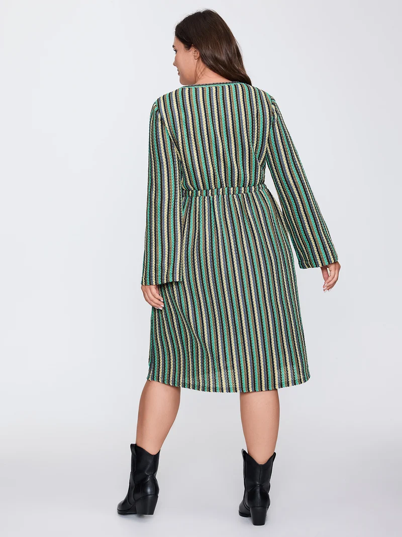 Multi-Color Stripe Drawstring Waist Midi Dress