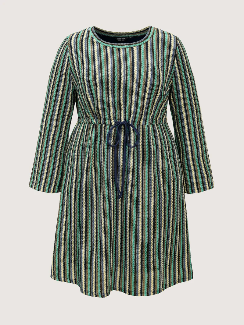 Multi-Color Stripe Drawstring Waist Midi Dress