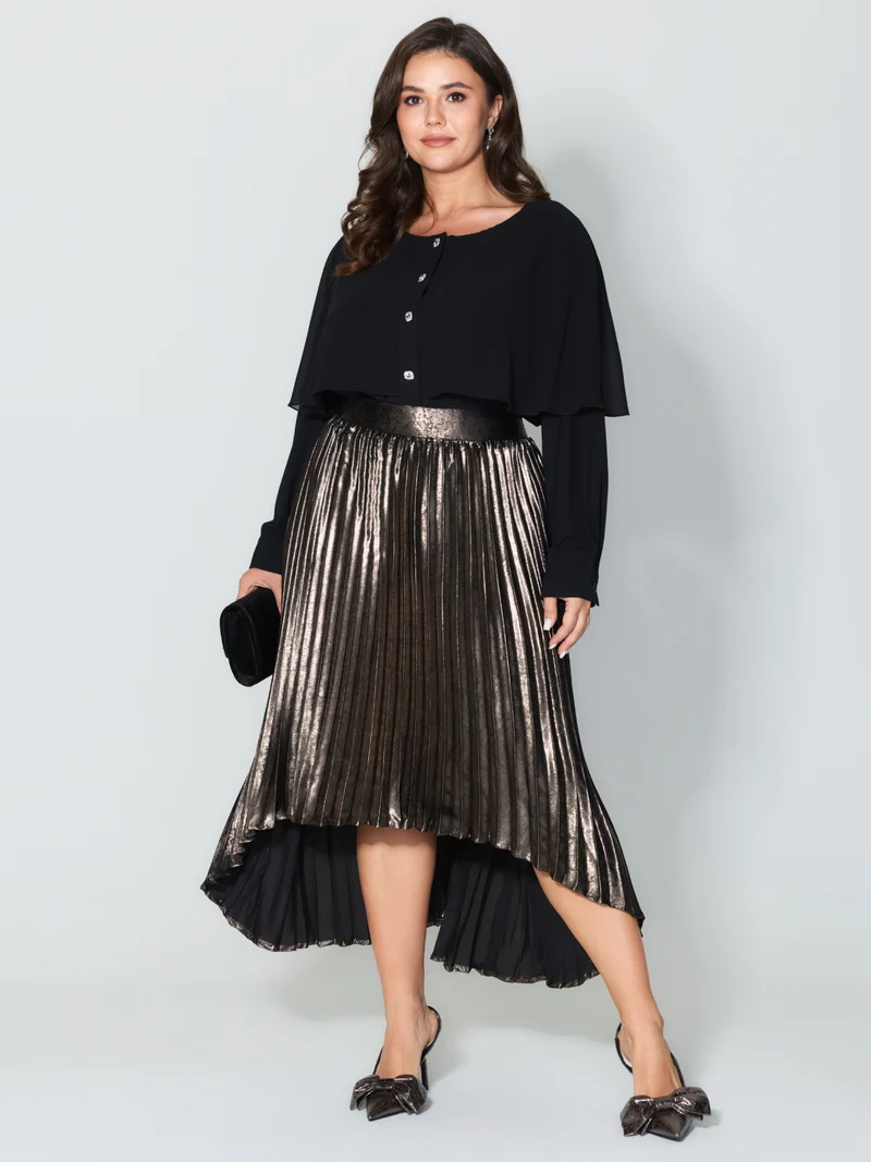 Metallic Shimmer High-Low Hem Pleated Midi Skirt