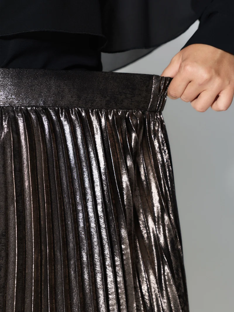 Metallic Shimmer High-Low Hem Pleated Midi Skirt
