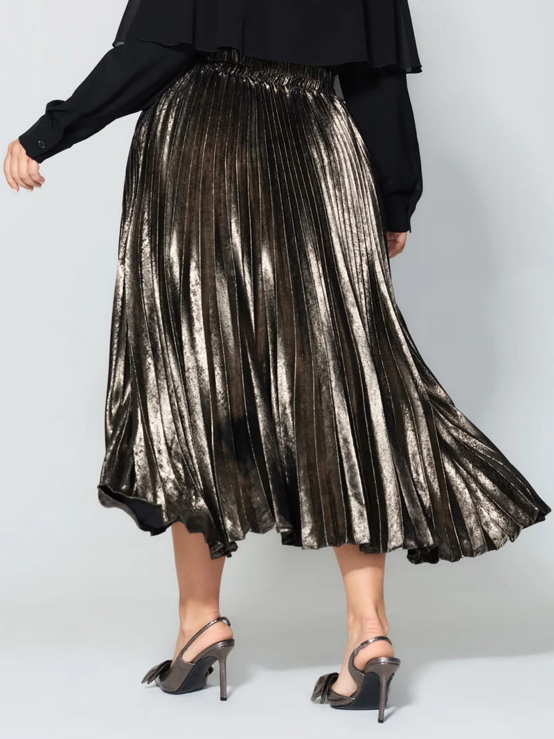 Metallic Shimmer High-Low Hem Pleated Midi Skirt