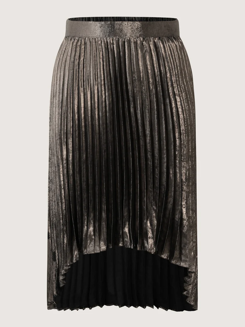 Metallic Shimmer High-Low Hem Pleated Midi Skirt