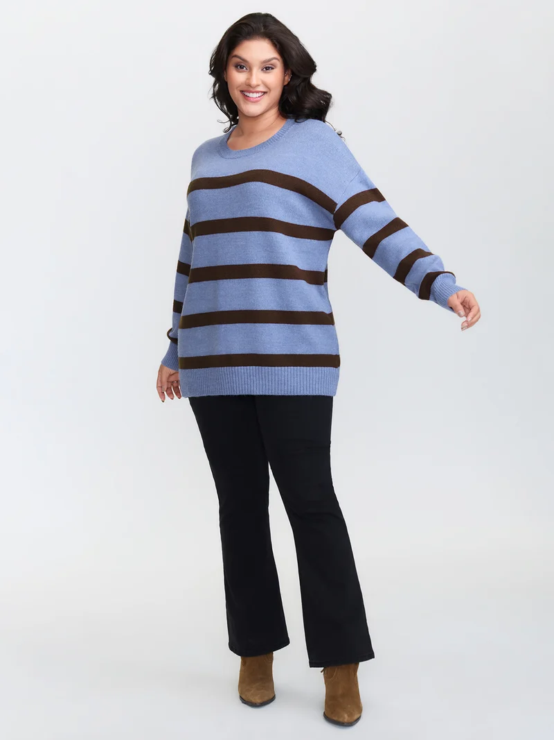 Color Contrast Stripe Heather Textured Pullover