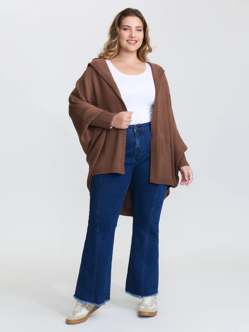 Coccoon Shaped Hooded Front-Open Knit Cardigan