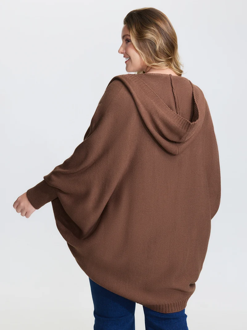 Coccoon Shaped Hooded Front-Open Knit Cardigan