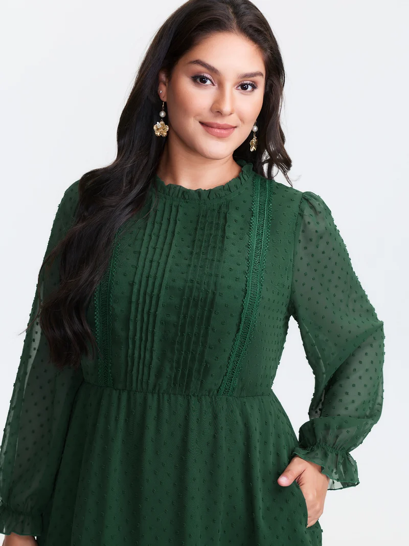 Textured Tiered Ruffled Neckline Midi Dress
