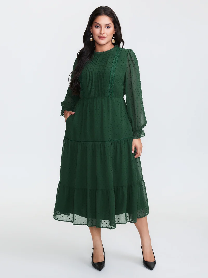 Textured Tiered Ruffled Neckline Midi Dress