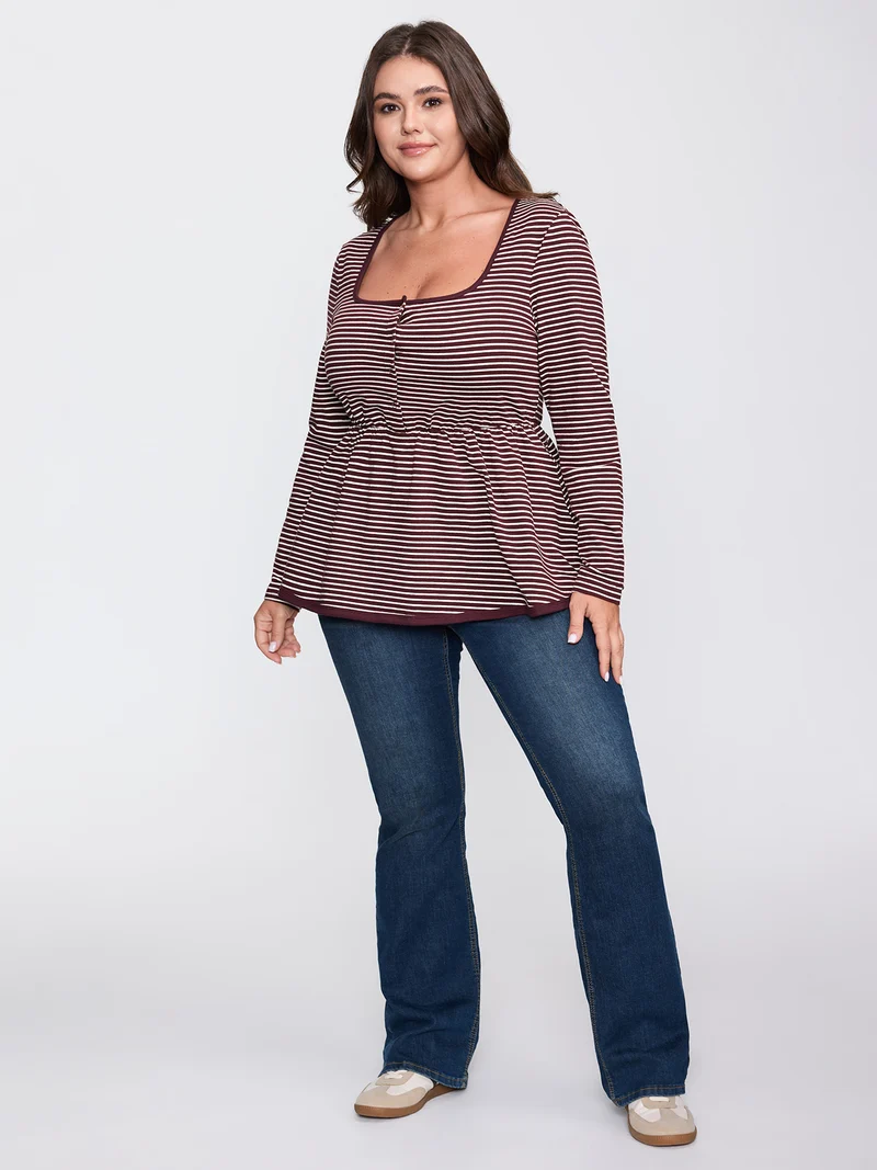 Stripe Scoop Neck Cinched-Waist T-Shirt