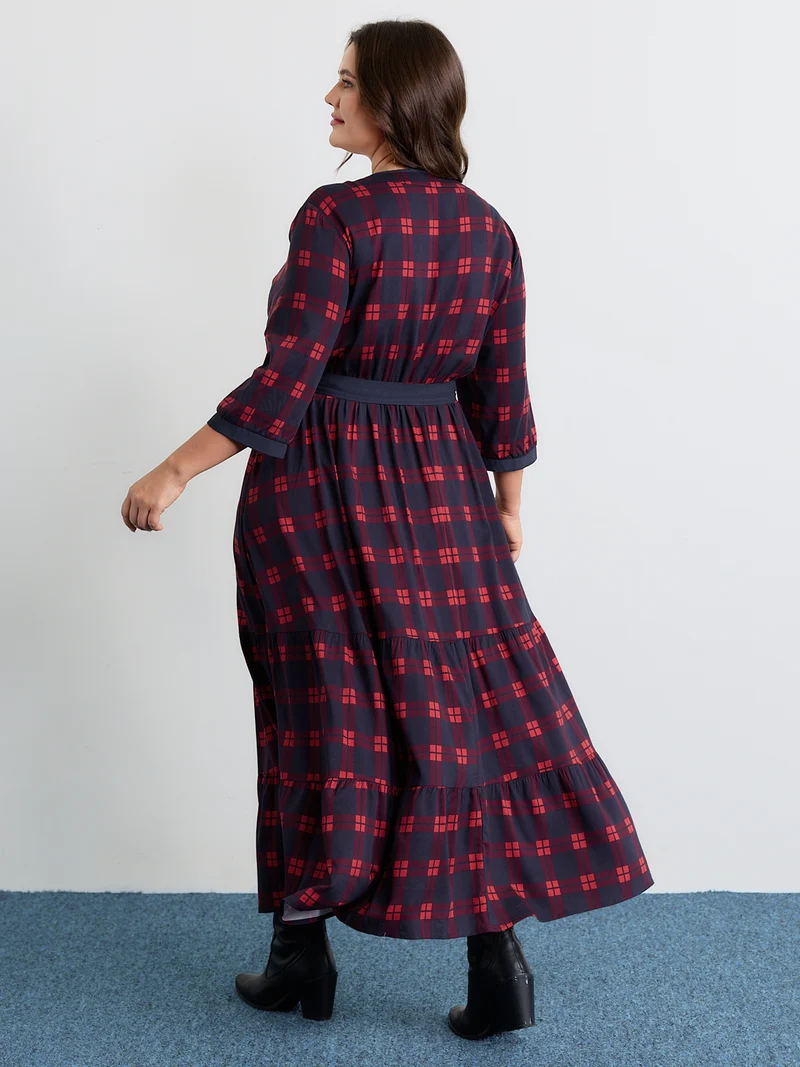 Holiday Plaid Waist-Tie Maxi Dress