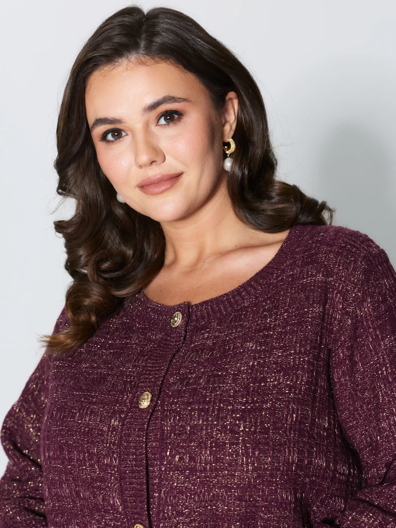 Textured Metallic Thread Button Knit Cardigan