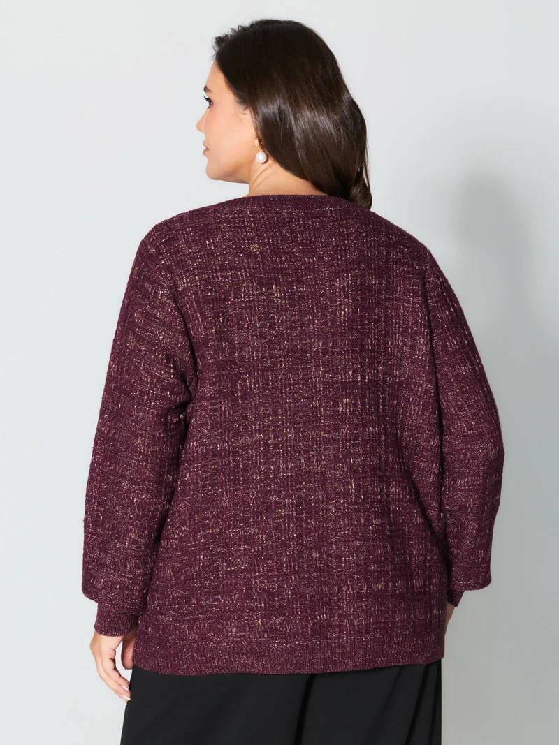 Textured Metallic Thread Button Knit Cardigan