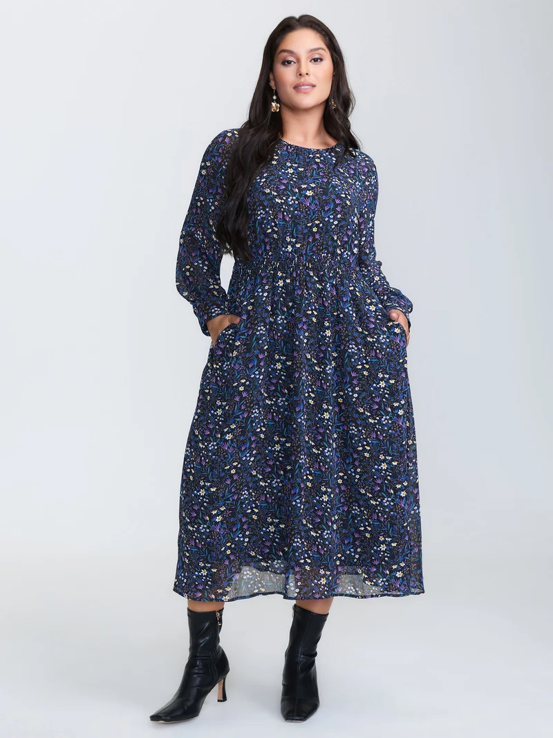 Floral Back-Tie Pockets Midi Dress