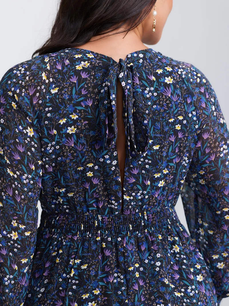 Floral Back-Tie Pockets Midi Dress