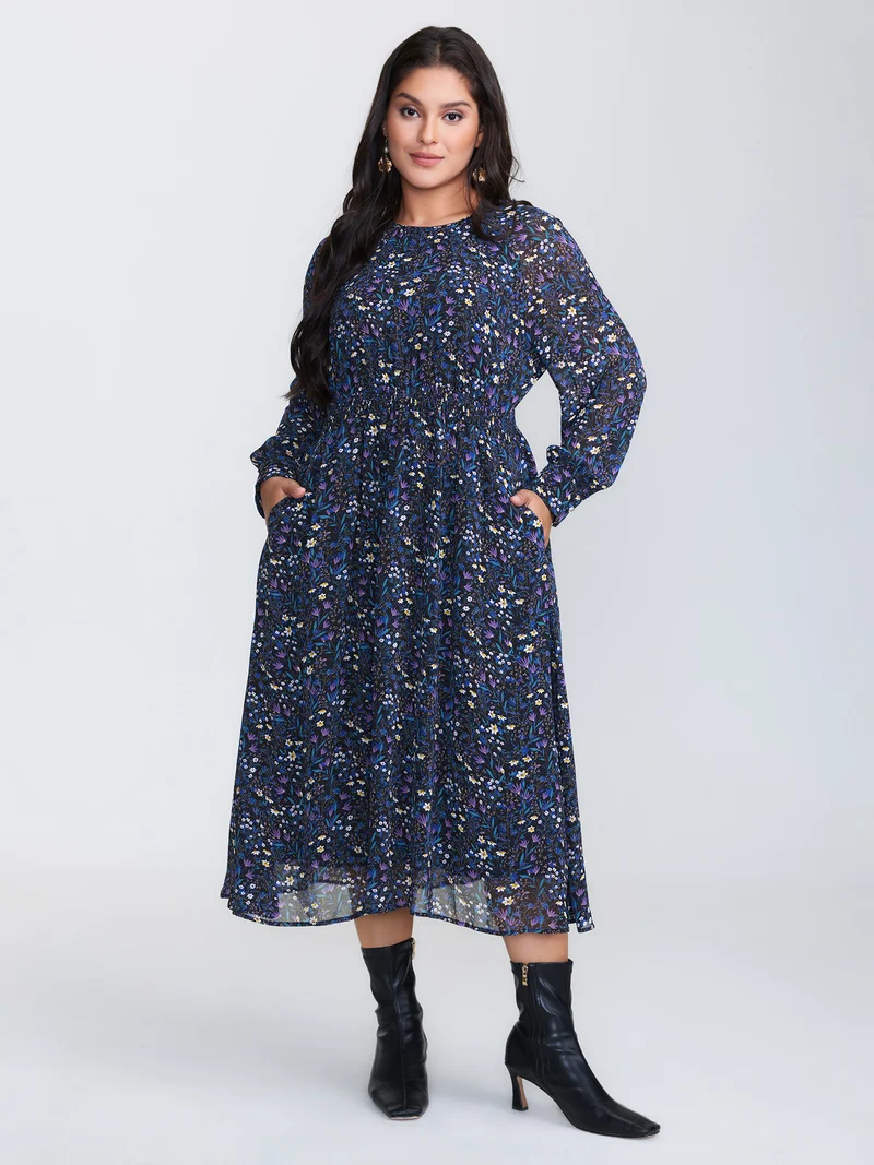 Floral Back-Tie Pockets Midi Dress