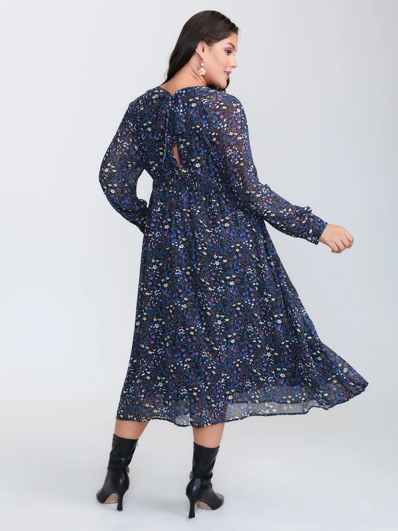 Floral Back-Tie Pockets Midi Dress