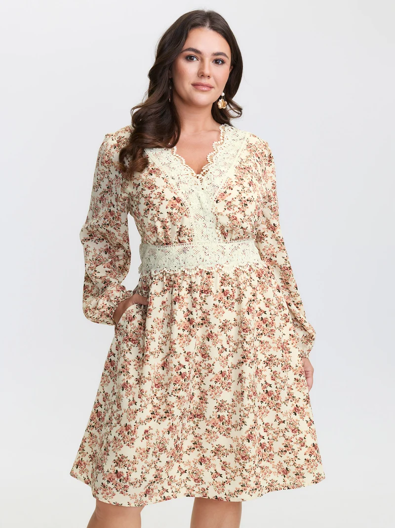 Floral Print Lace Trim Shirred Midi Dress