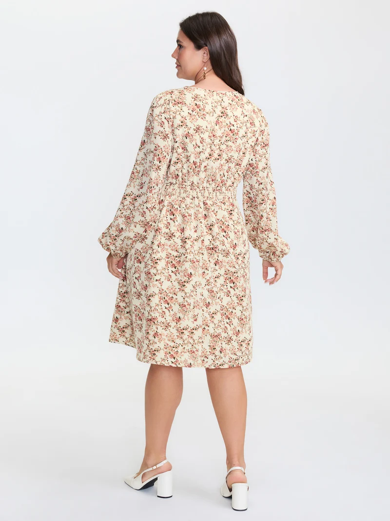 Floral Print Lace Trim Shirred Midi Dress