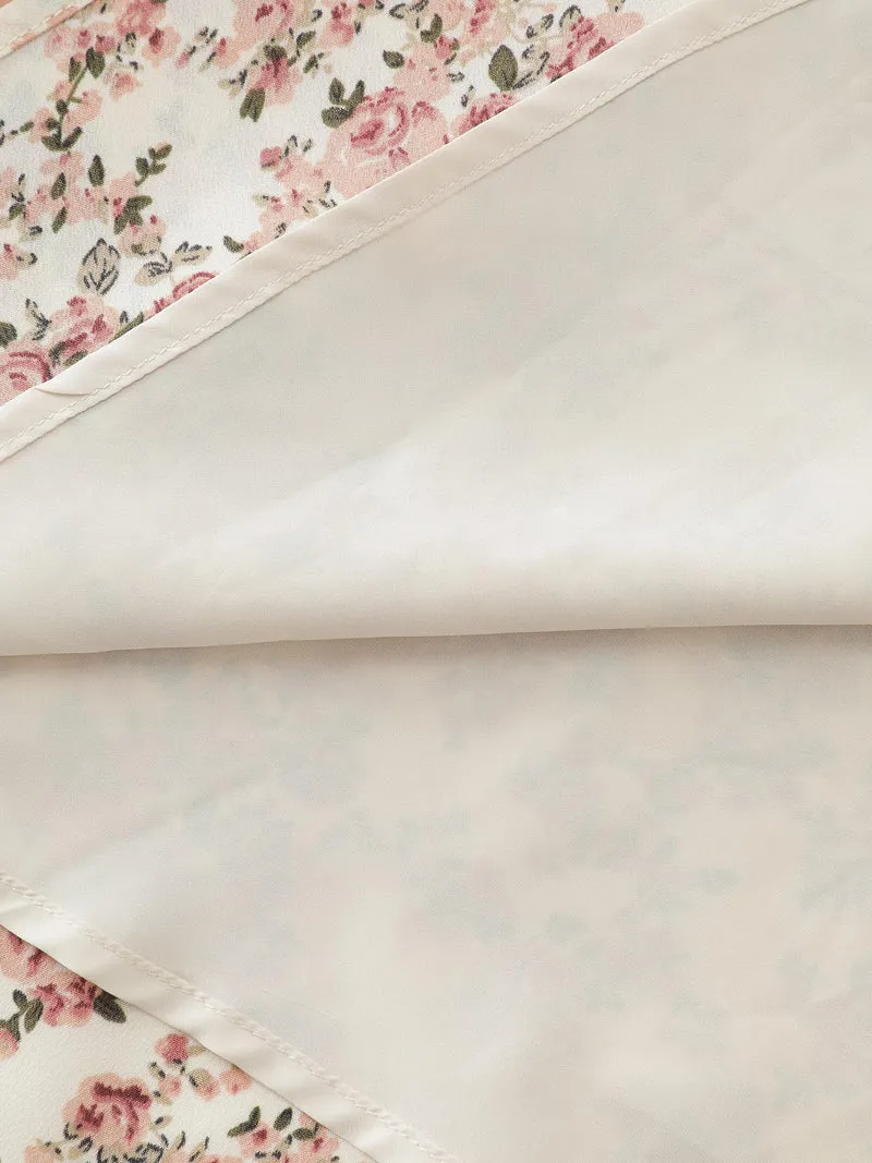 Floral Print Lace Trim Shirred Midi Dress