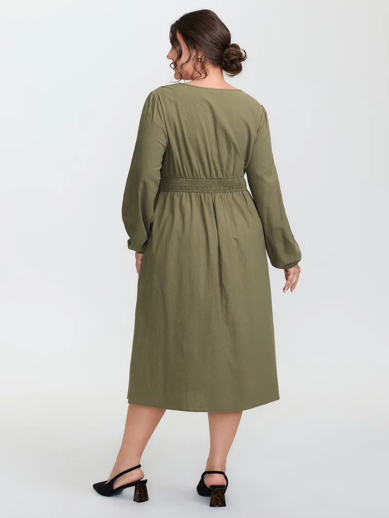 Lace Trim Shirred Back Pockets Midi Dress