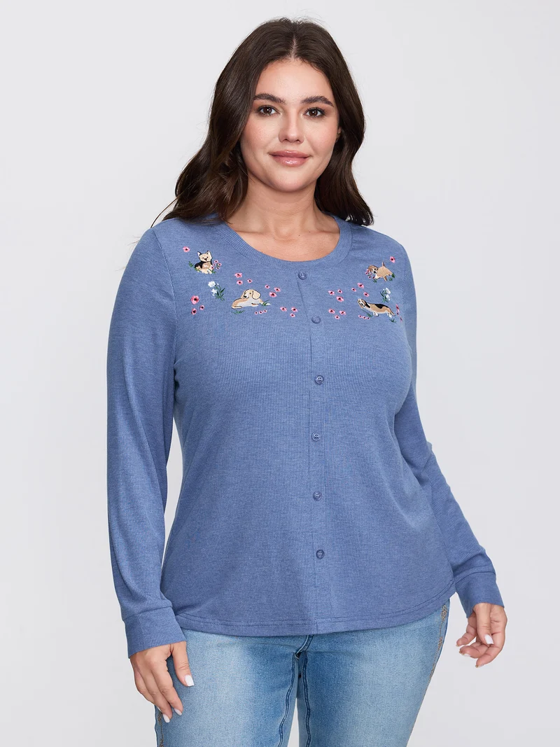 Puppy Embroidery Buttons Fitted T-Shirt