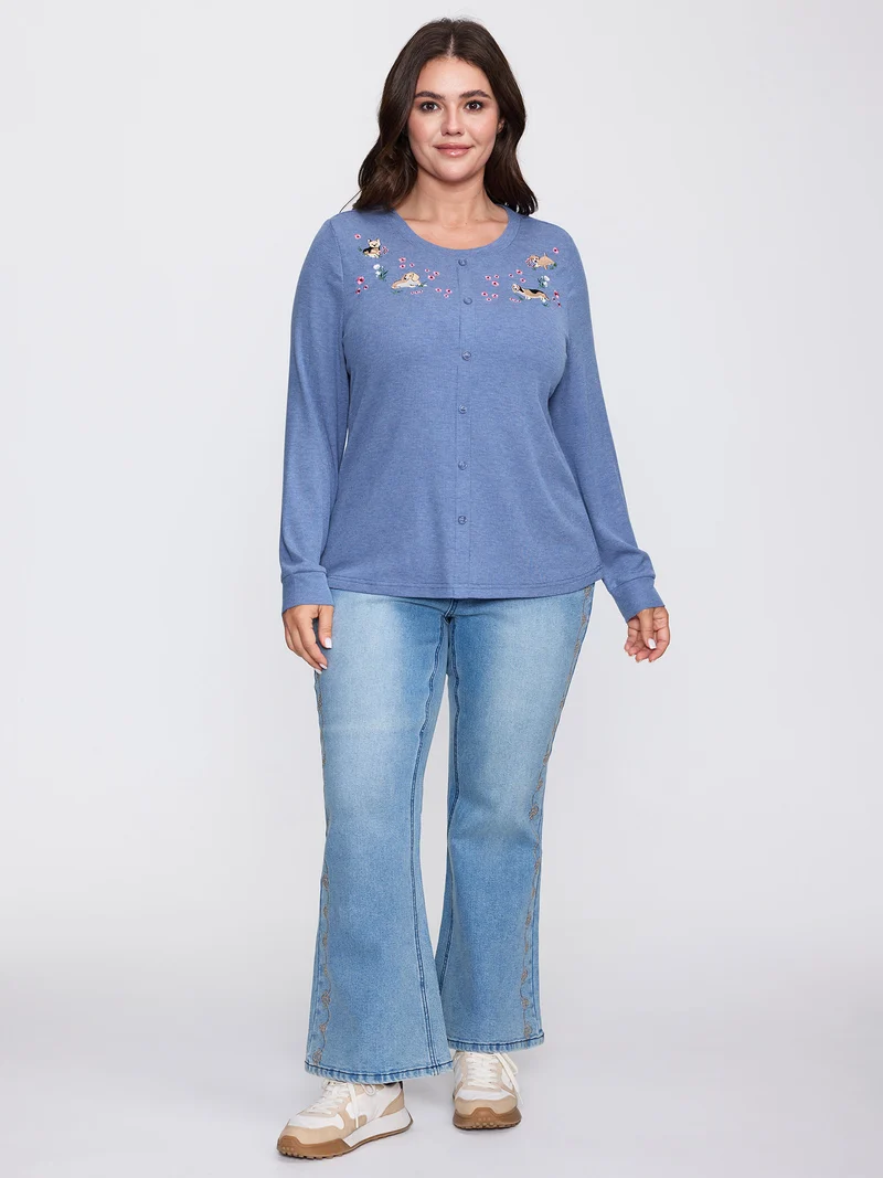 Puppy Embroidery Buttons Fitted T-Shirt