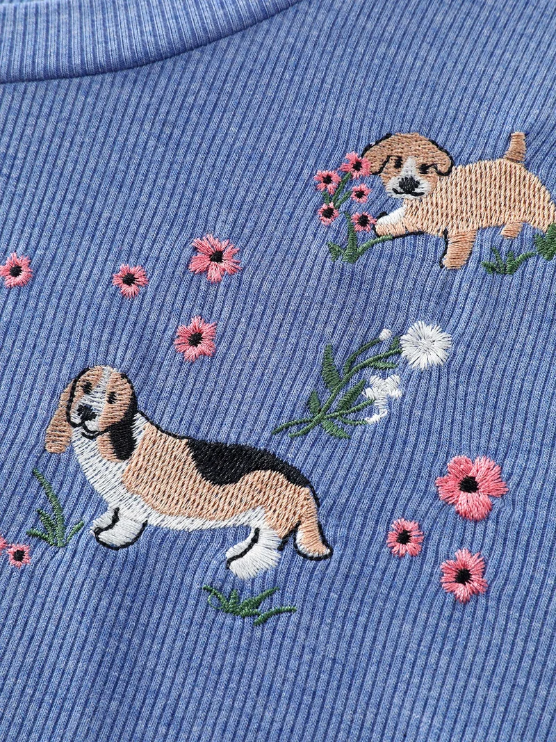 Puppy Embroidery Buttons Fitted T-Shirt