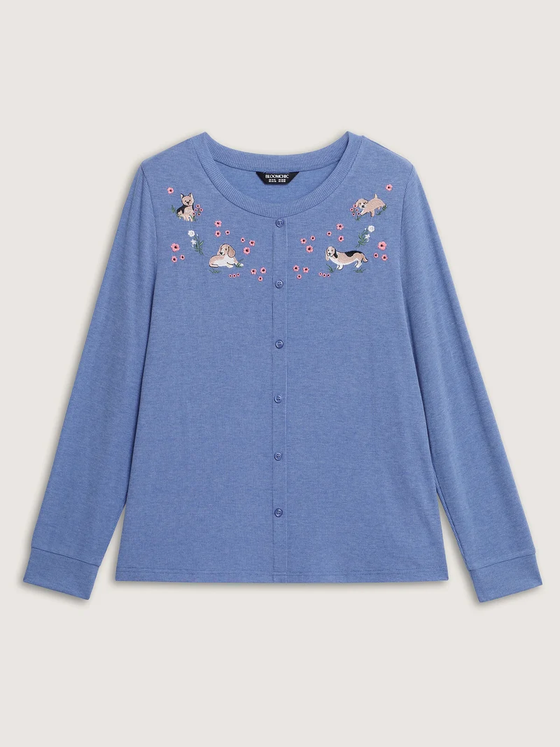 Puppy Embroidery Buttons Fitted T-Shirt
