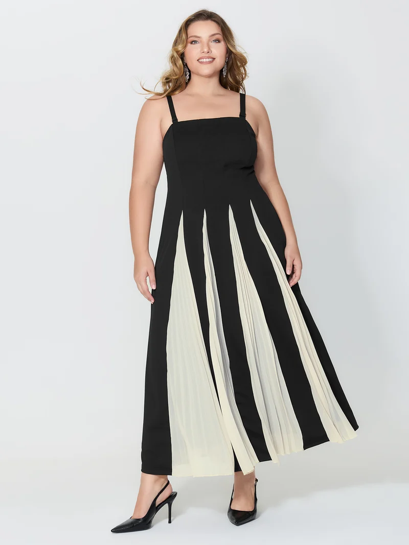 Stripes Color Contrast Detachable Straps Maxi Dress