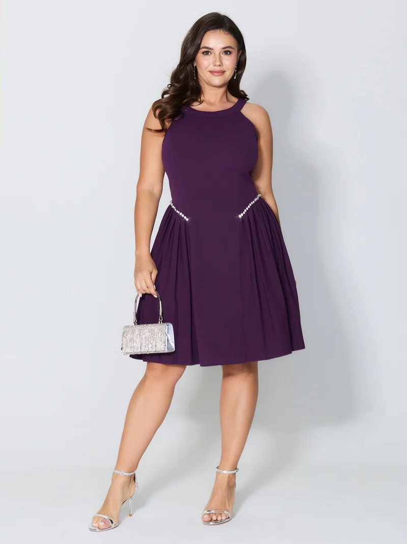 Pleated Side Halter Neck Diamond Midi Dress