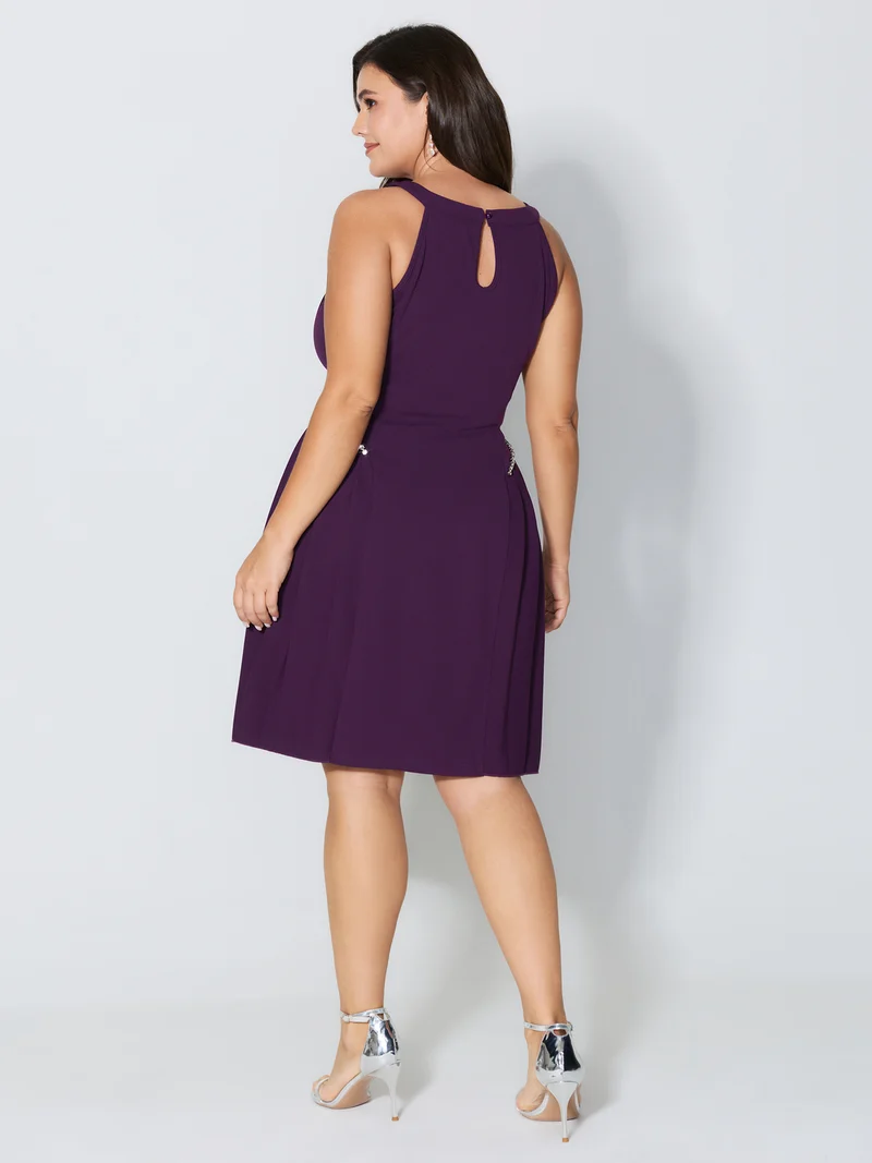 Pleated Side Halter Neck Diamond Midi Dress