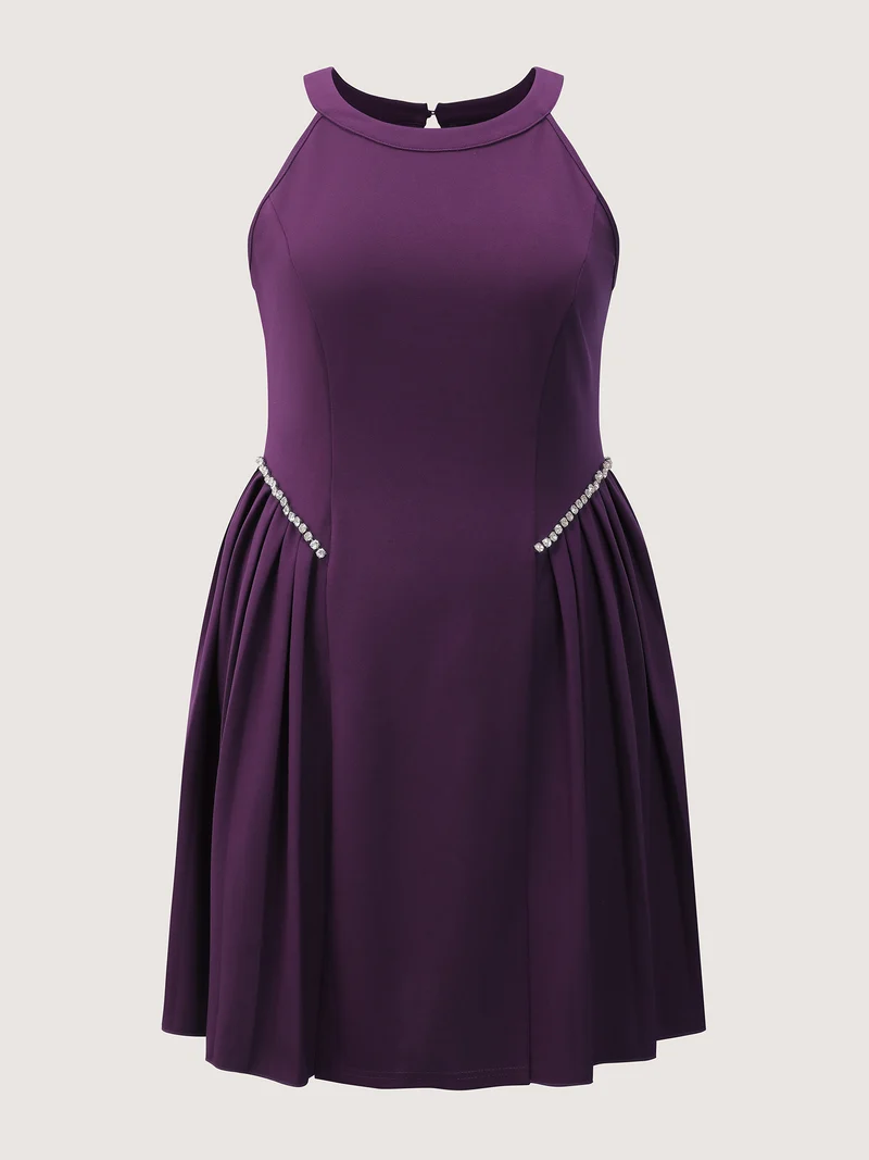 Pleated Side Halter Neck Diamond Midi Dress