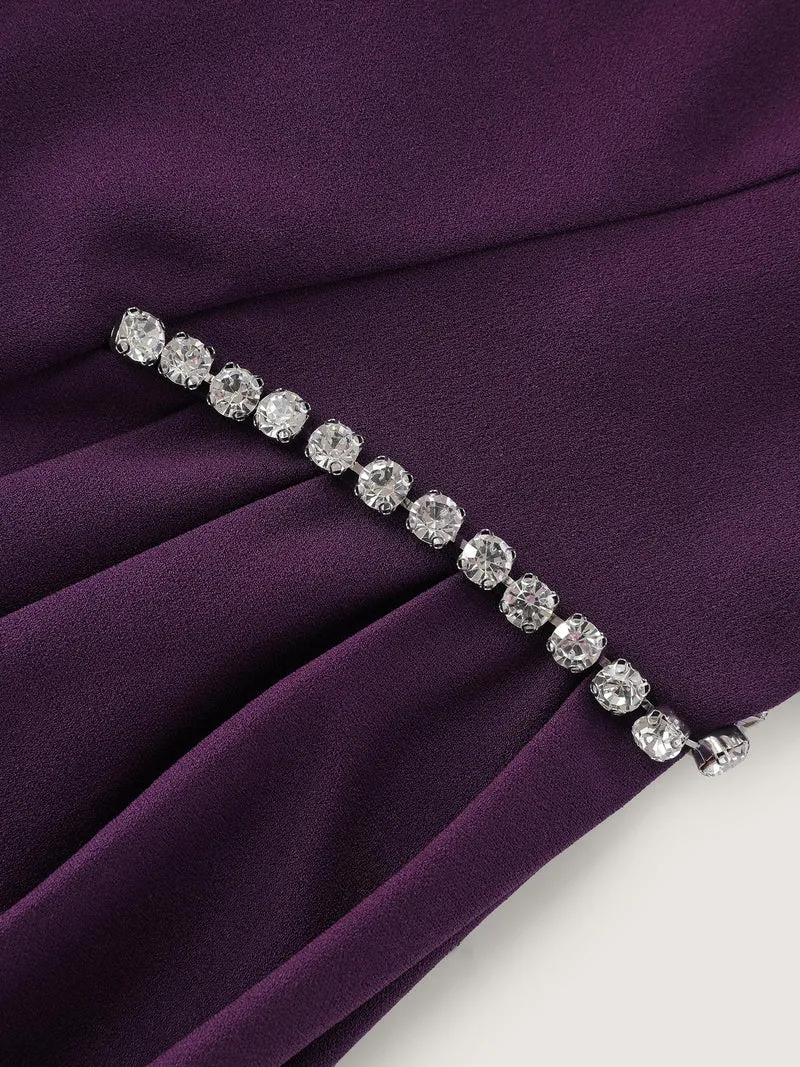 Pleated Side Halter Neck Diamond Midi Dress