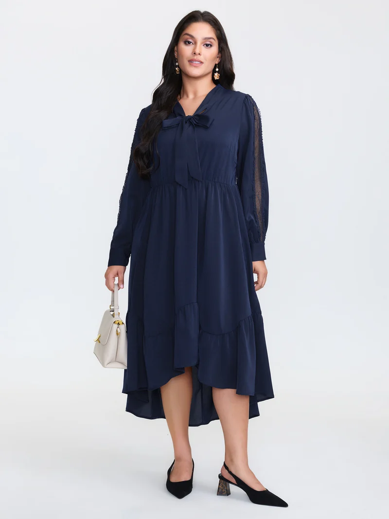 Bowknot Neckline Flowy Tiered Midi Dress