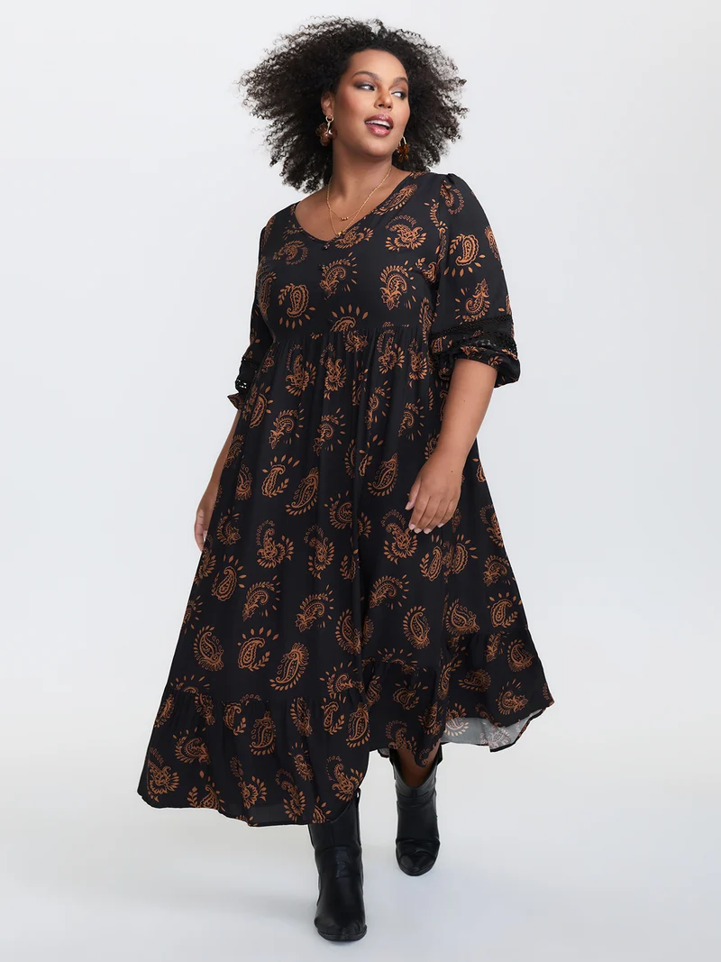 Paisley Print Lace Trim Tiered Maxi Dress