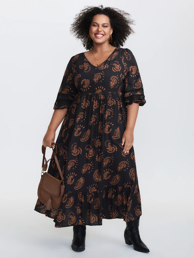 Paisley Print Lace Trim Tiered Maxi Dress