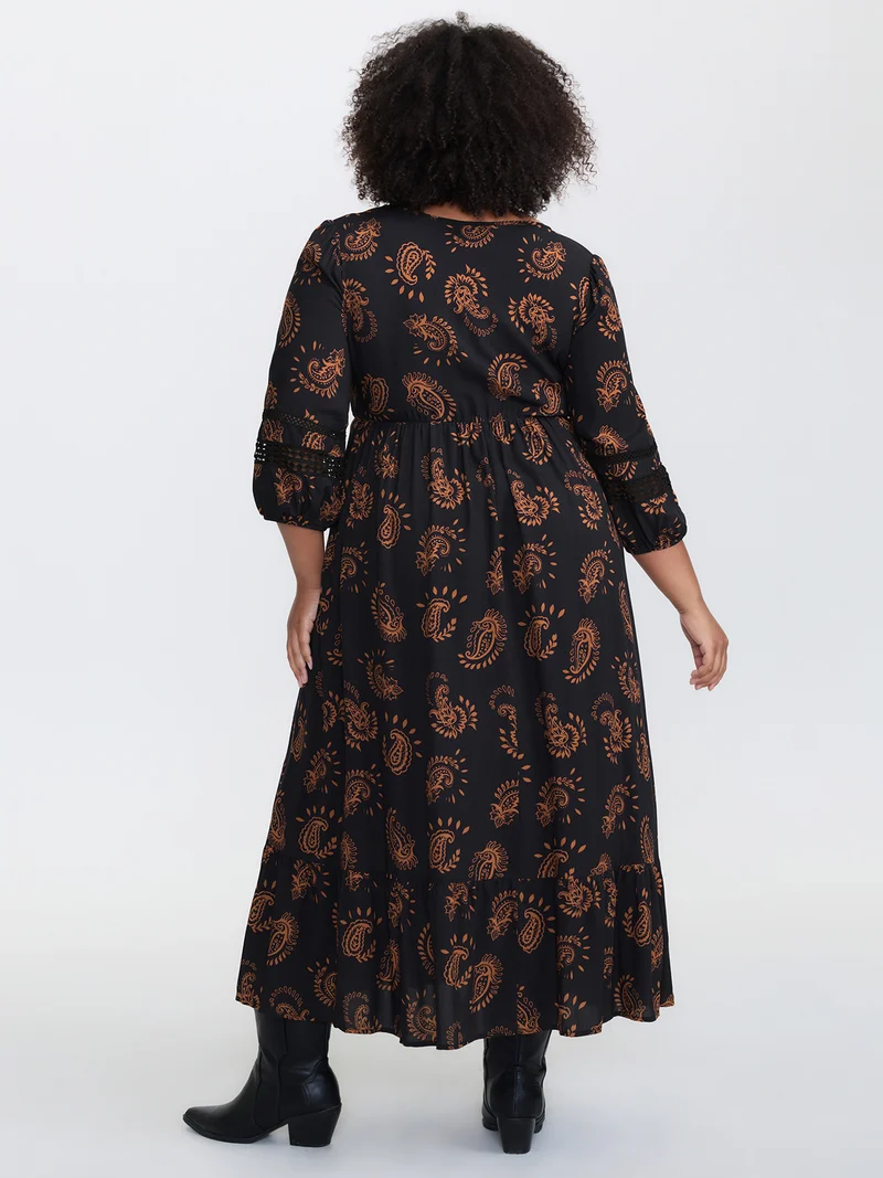 Paisley Print Lace Trim Tiered Maxi Dress