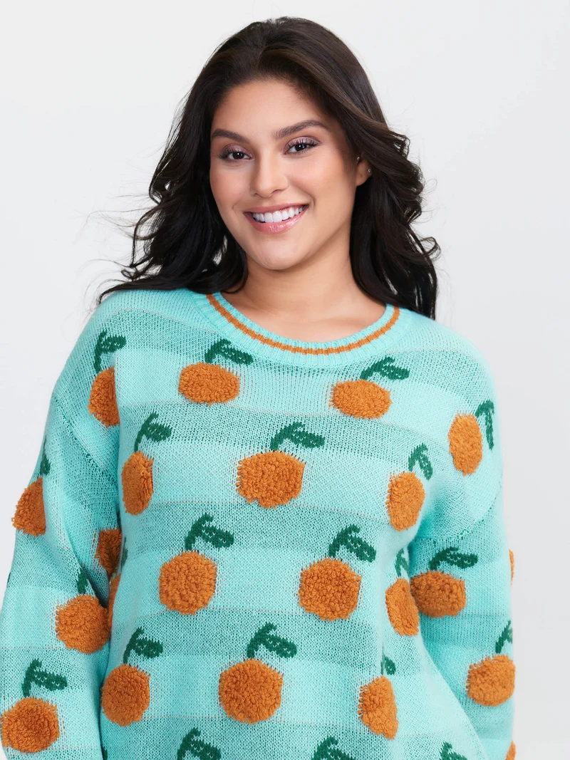 Citrus Pattern Contrast Edge Ribbed Pullover