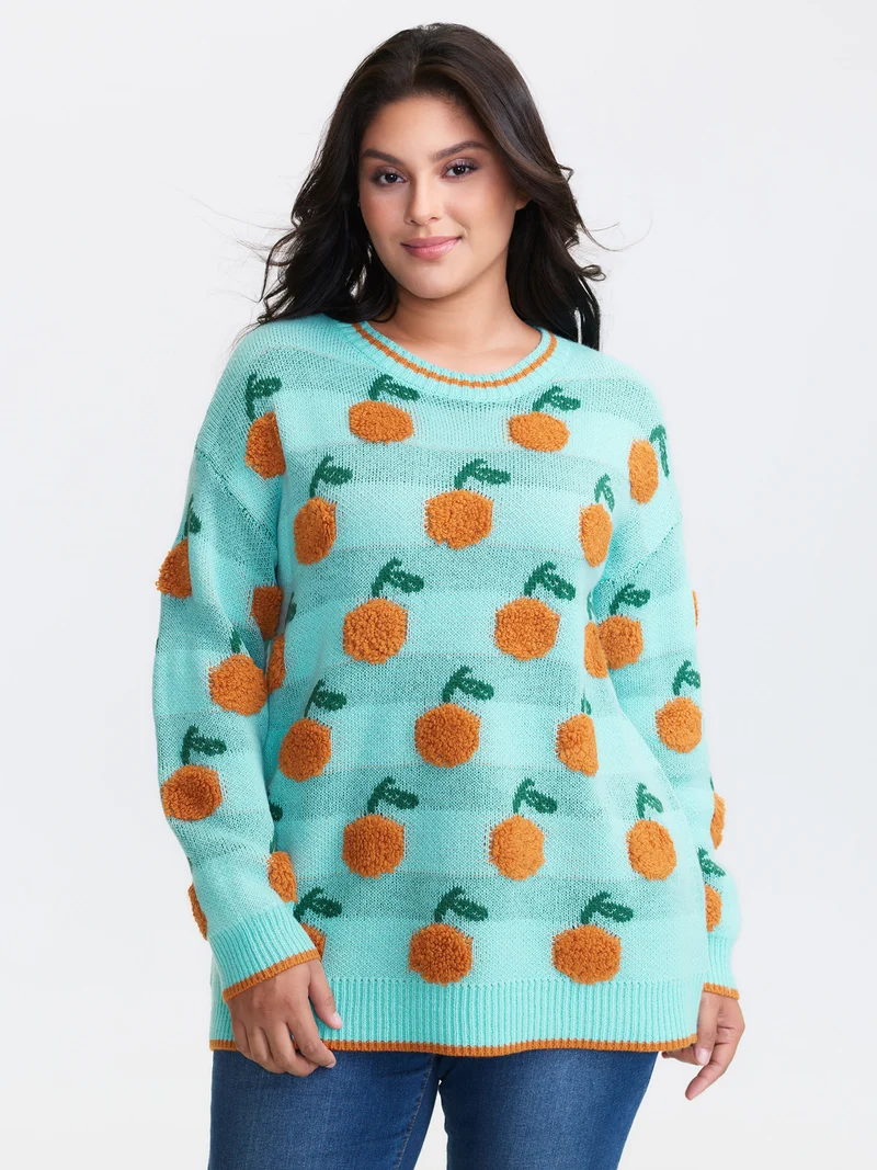 Citrus Pattern Contrast Edge Ribbed Pullover