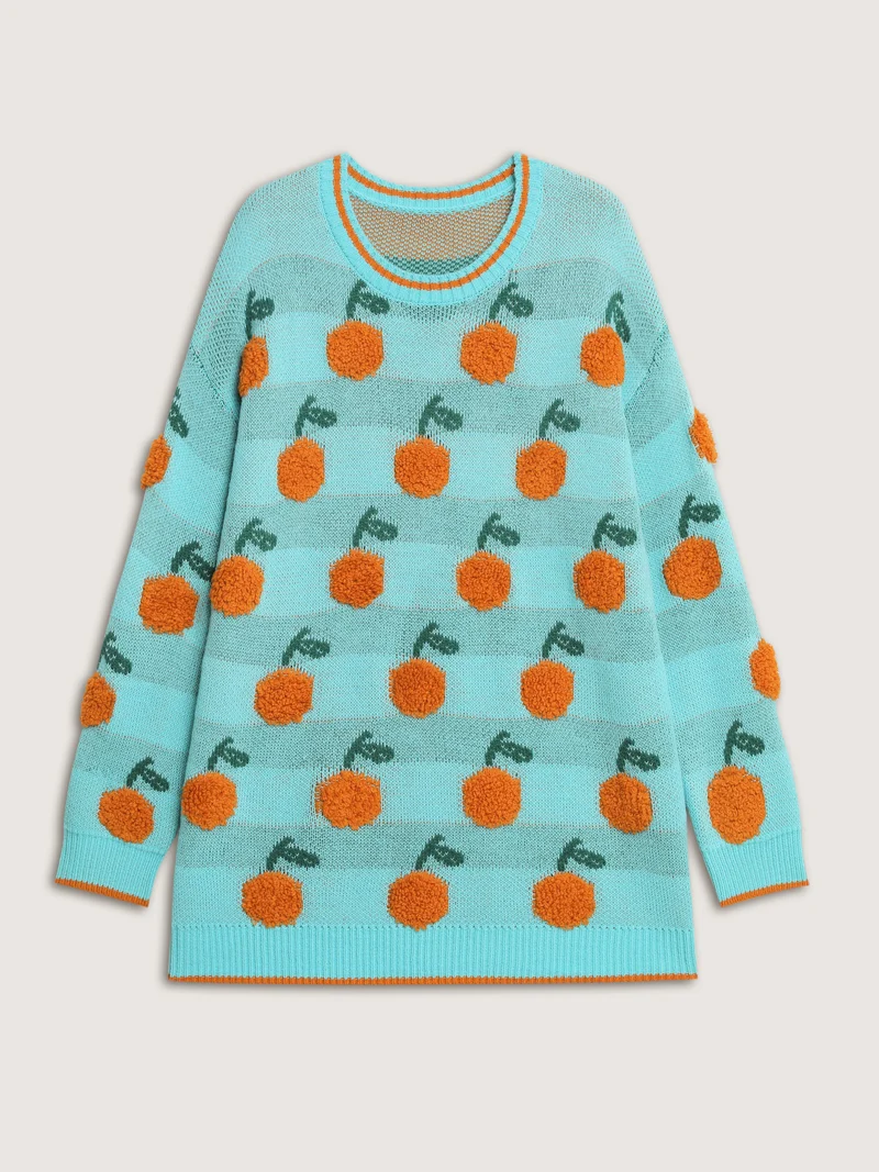 Citrus Pattern Contrast Edge Ribbed Pullover