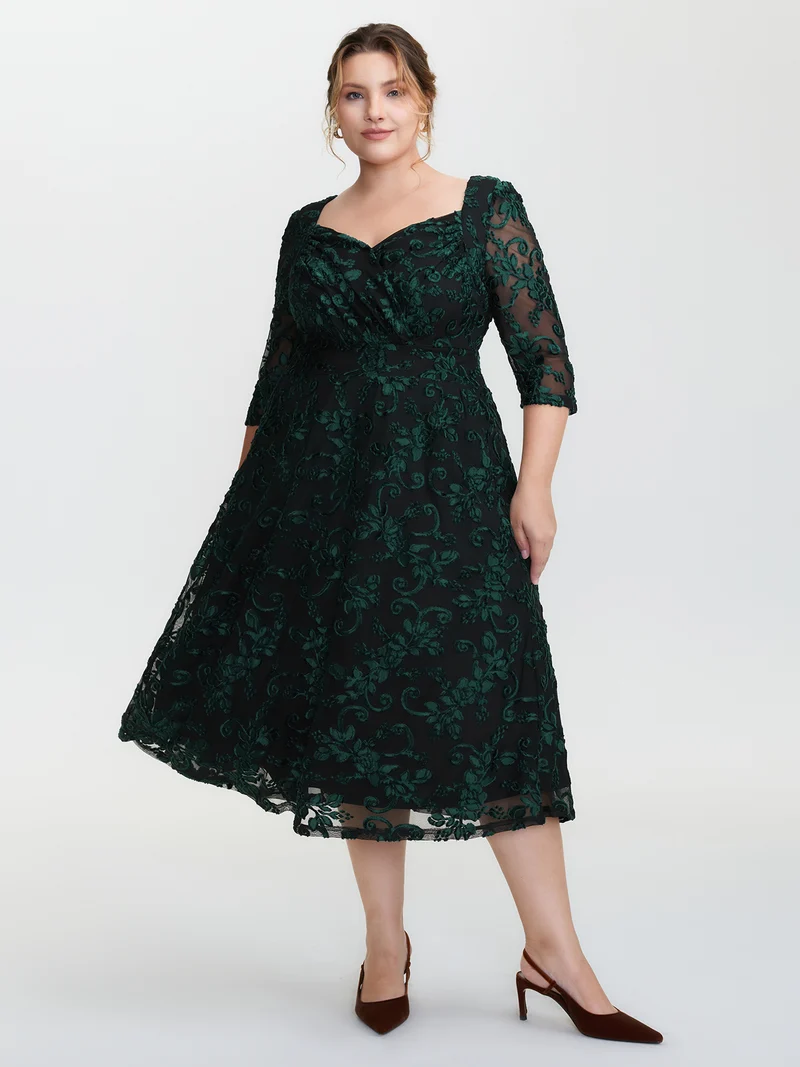 Stretchy Laser Cut Mesh Crossover Neckline Midi Dress