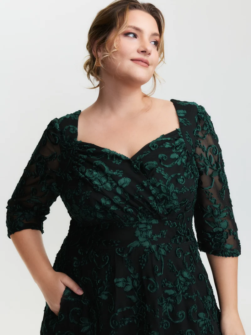 Stretchy Laser Cut Mesh Crossover Neckline Midi Dress