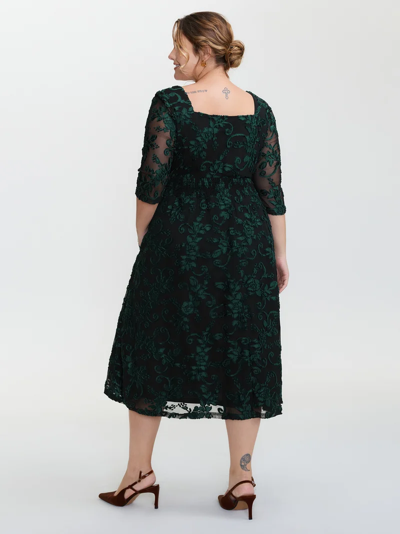 Stretchy Laser Cut Mesh Crossover Neckline Midi Dress