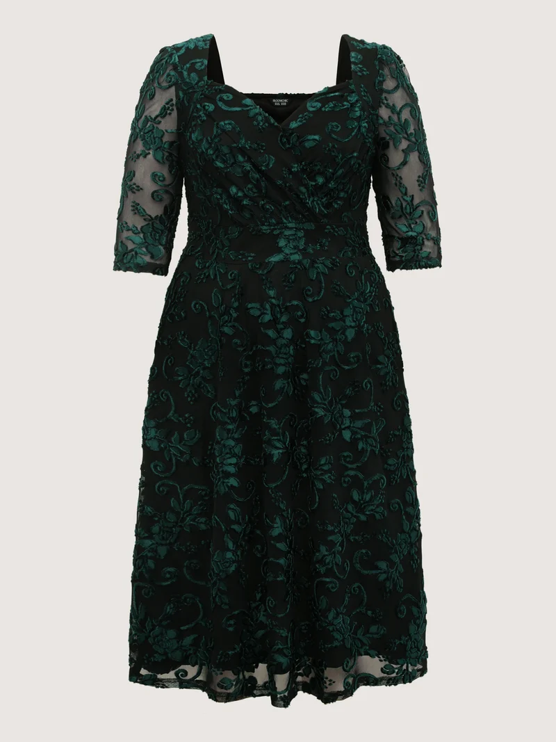 Stretchy Laser Cut Mesh Crossover Neckline Midi Dress