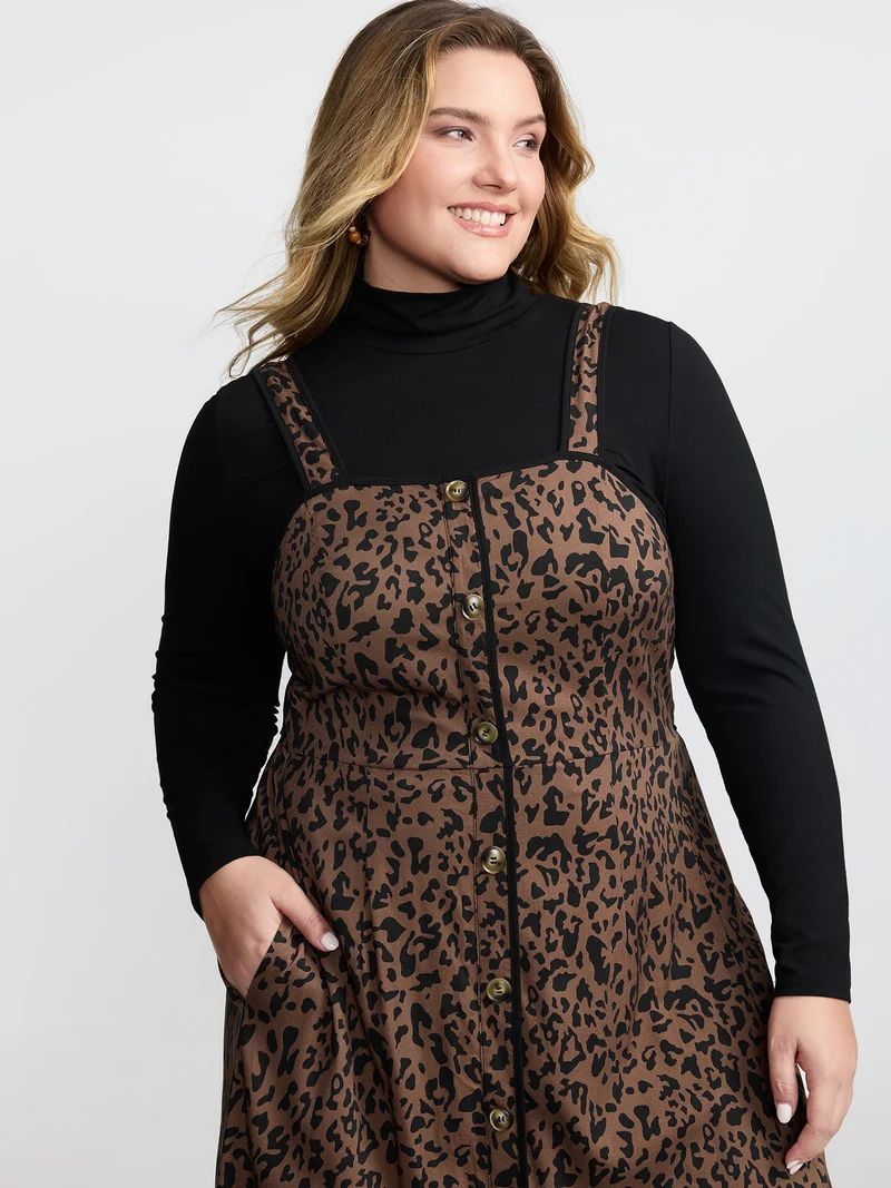 Leopard Print Button Wide Strap Midi Dress