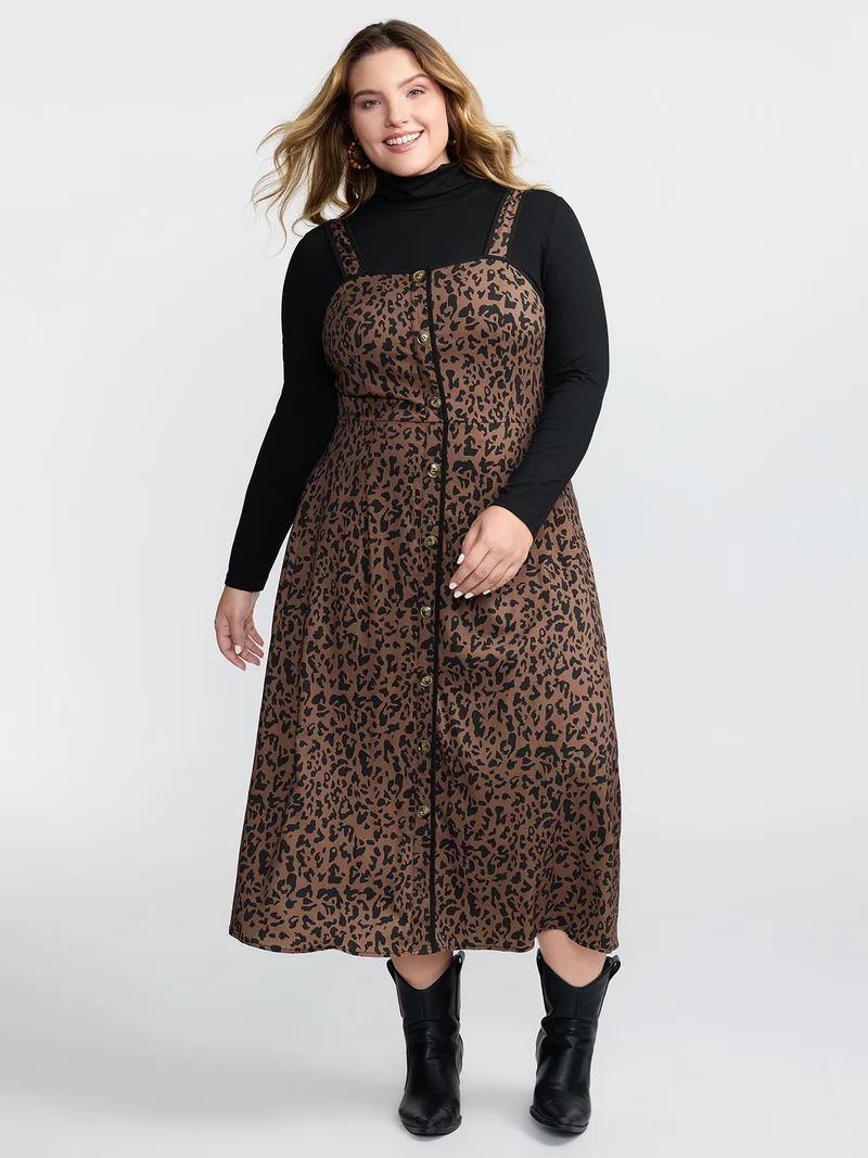 Leopard Print Button Wide Strap Midi Dress
