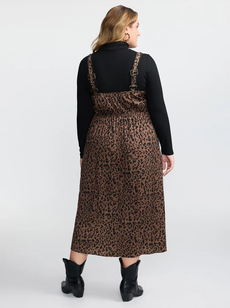 Leopard Print Button Wide Strap Midi Dress
