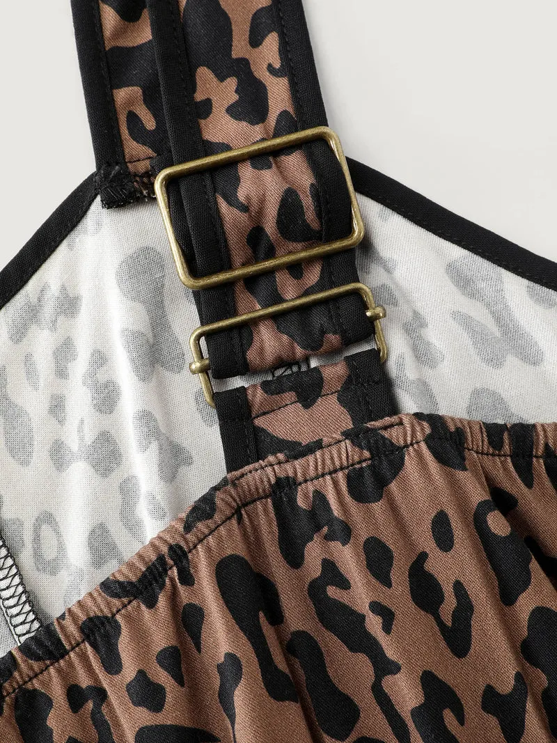 Leopard Print Button Wide Strap Midi Dress
