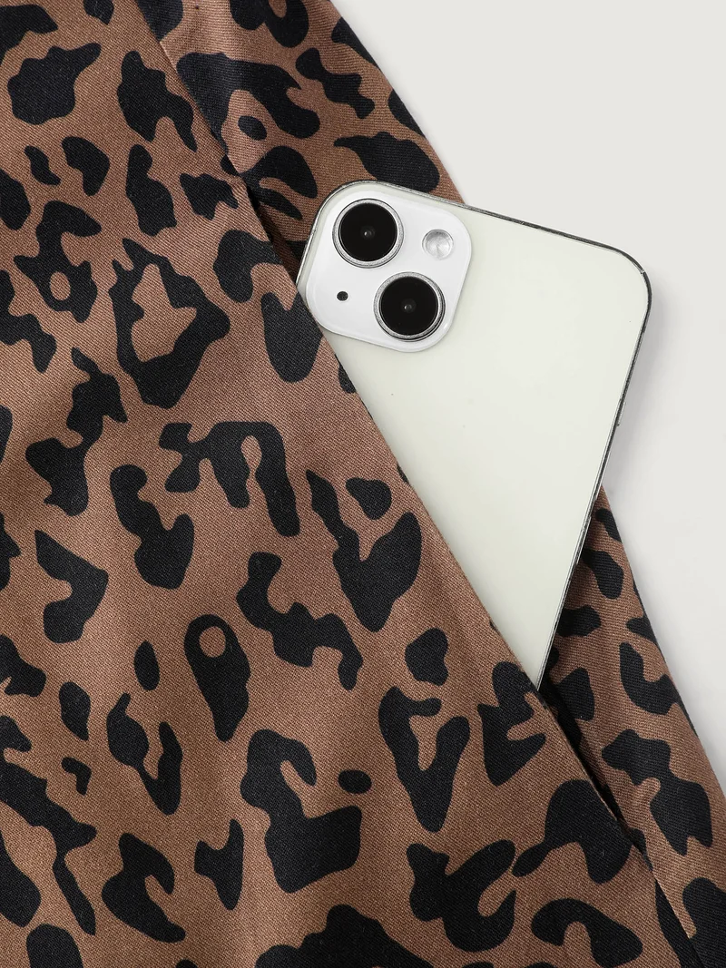 Leopard Print Button Wide Strap Midi Dress