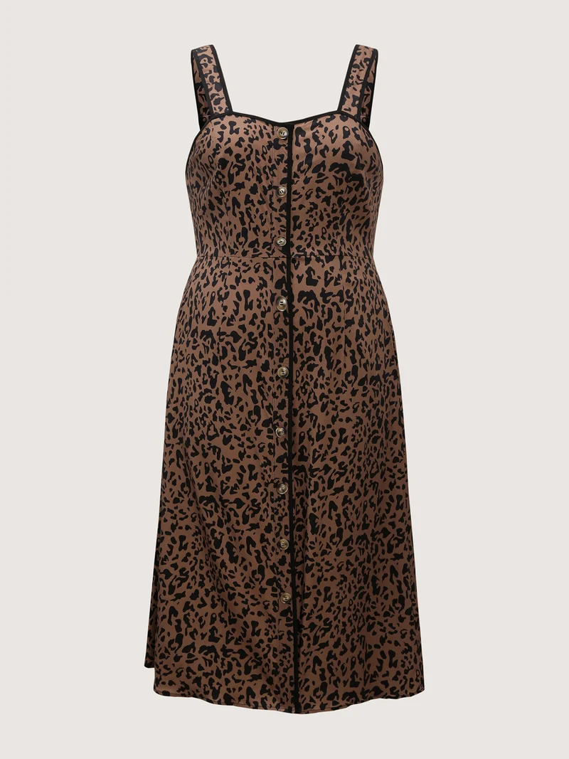 Leopard Print Button Wide Strap Midi Dress